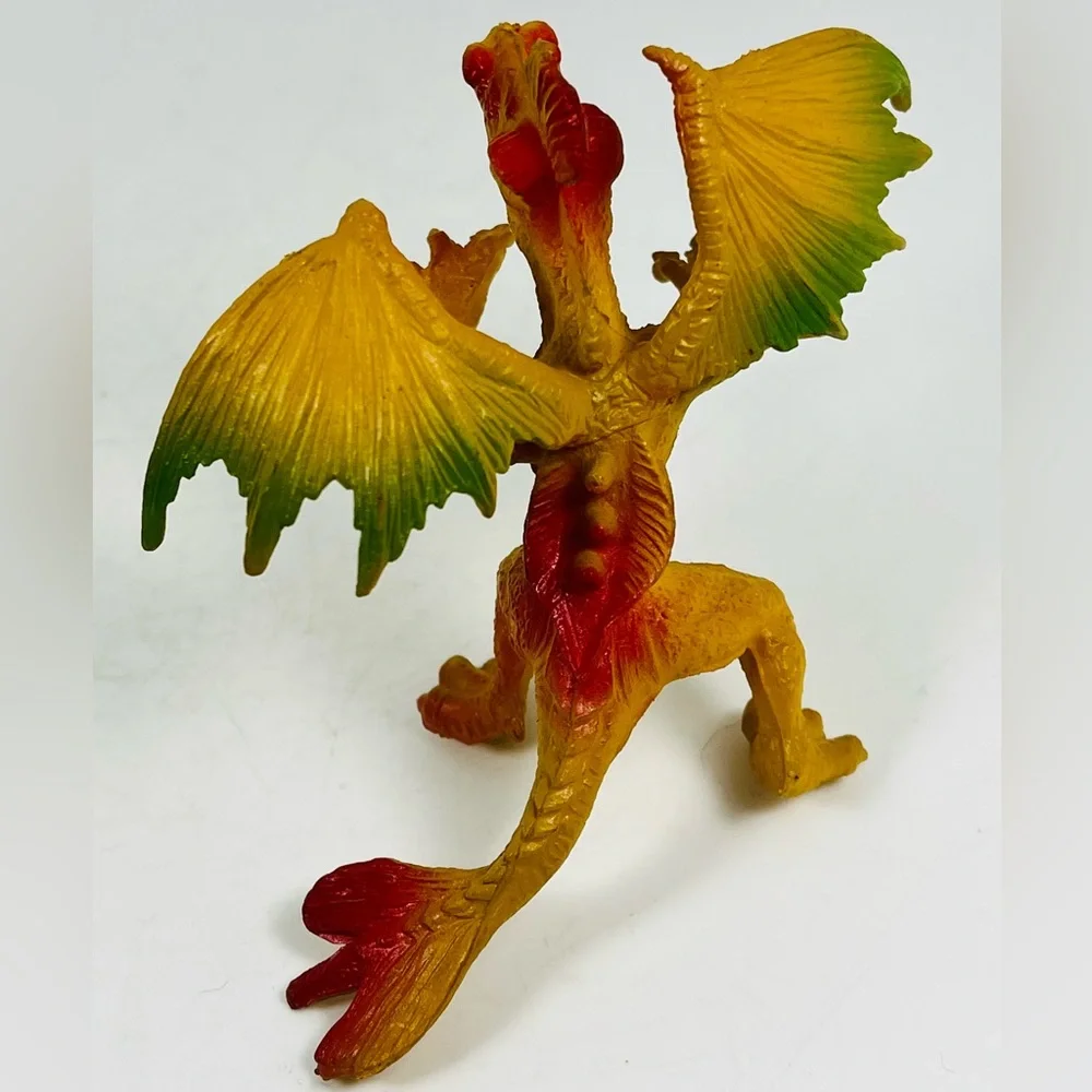Vintage Plastic Dragon Figure Toy Yellow W/Green And Red 3.5